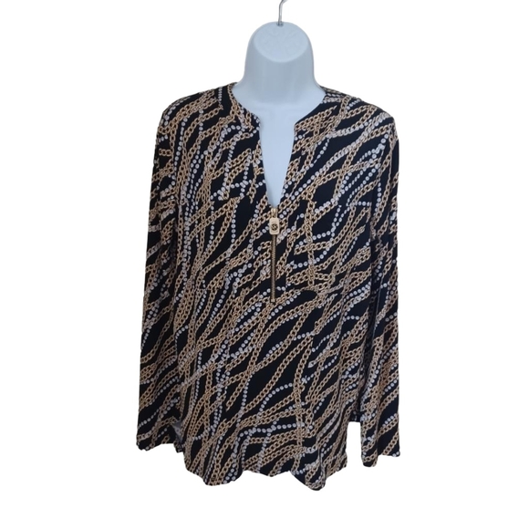 MICHAEL KORS Black Gold White Zipper Chain Link Print 3/4 Ruched Sleeve Top, M - Picture 5 of 8